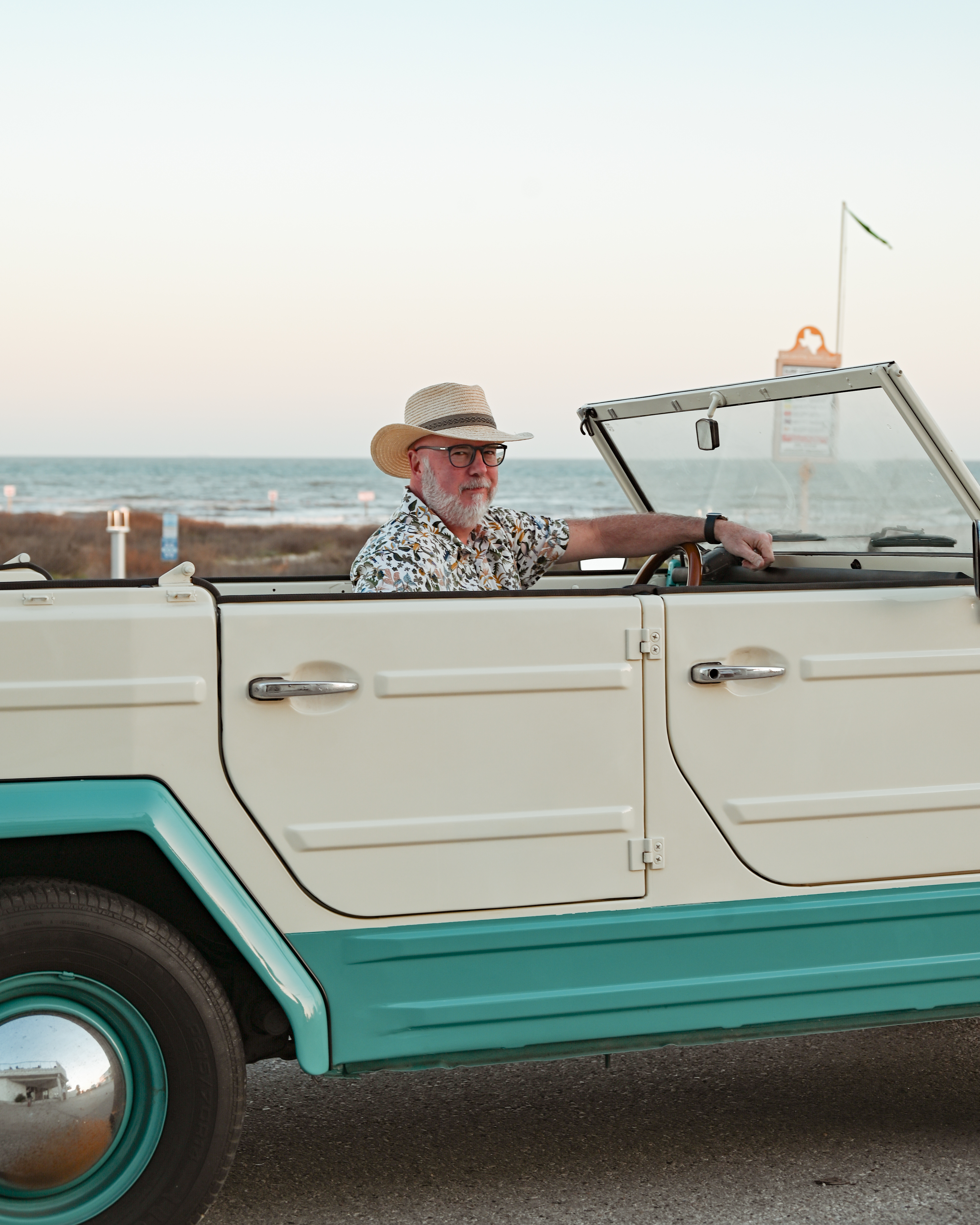 Picture of David at a low angle in the driver seat.