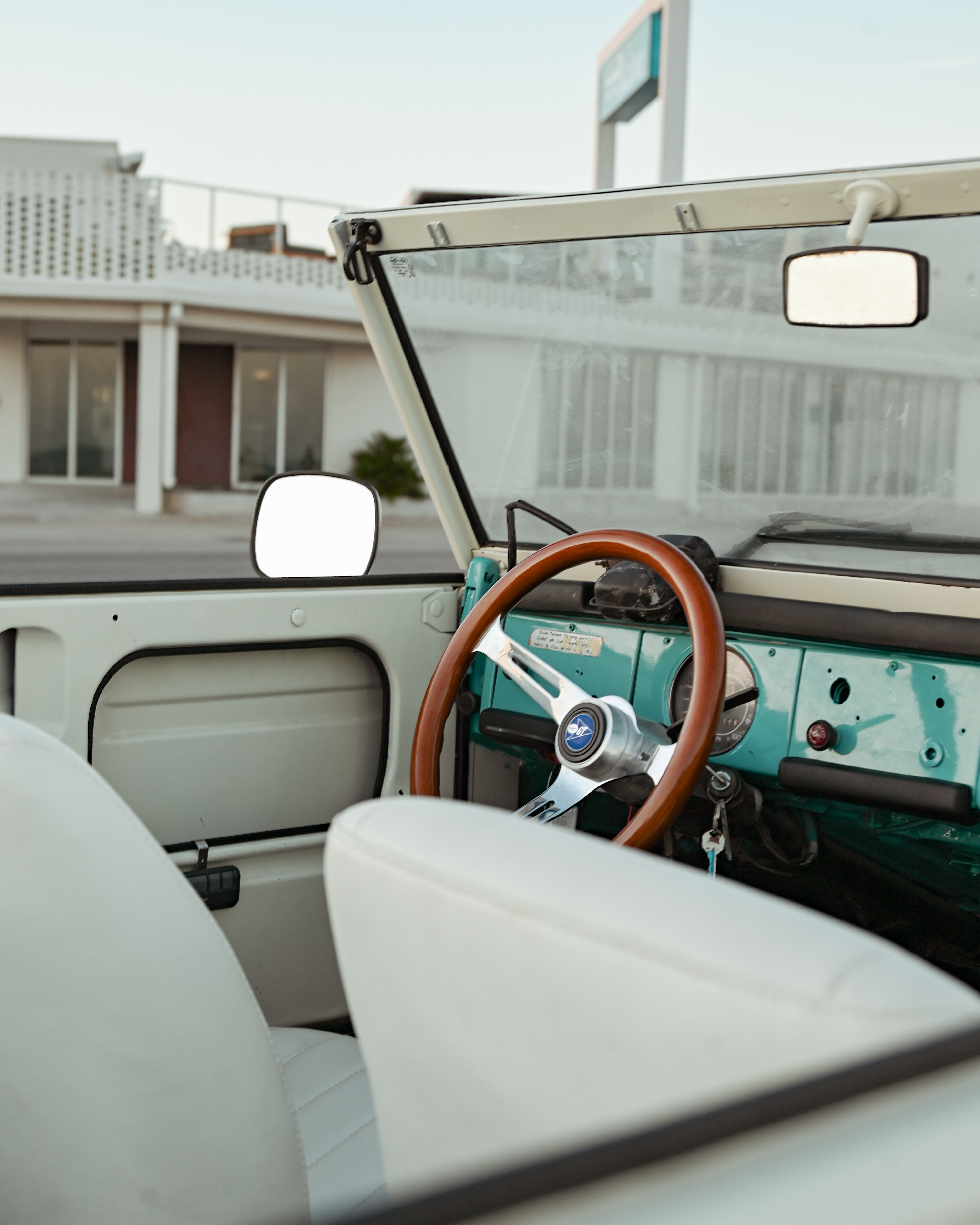 Classic car parked by palm trees