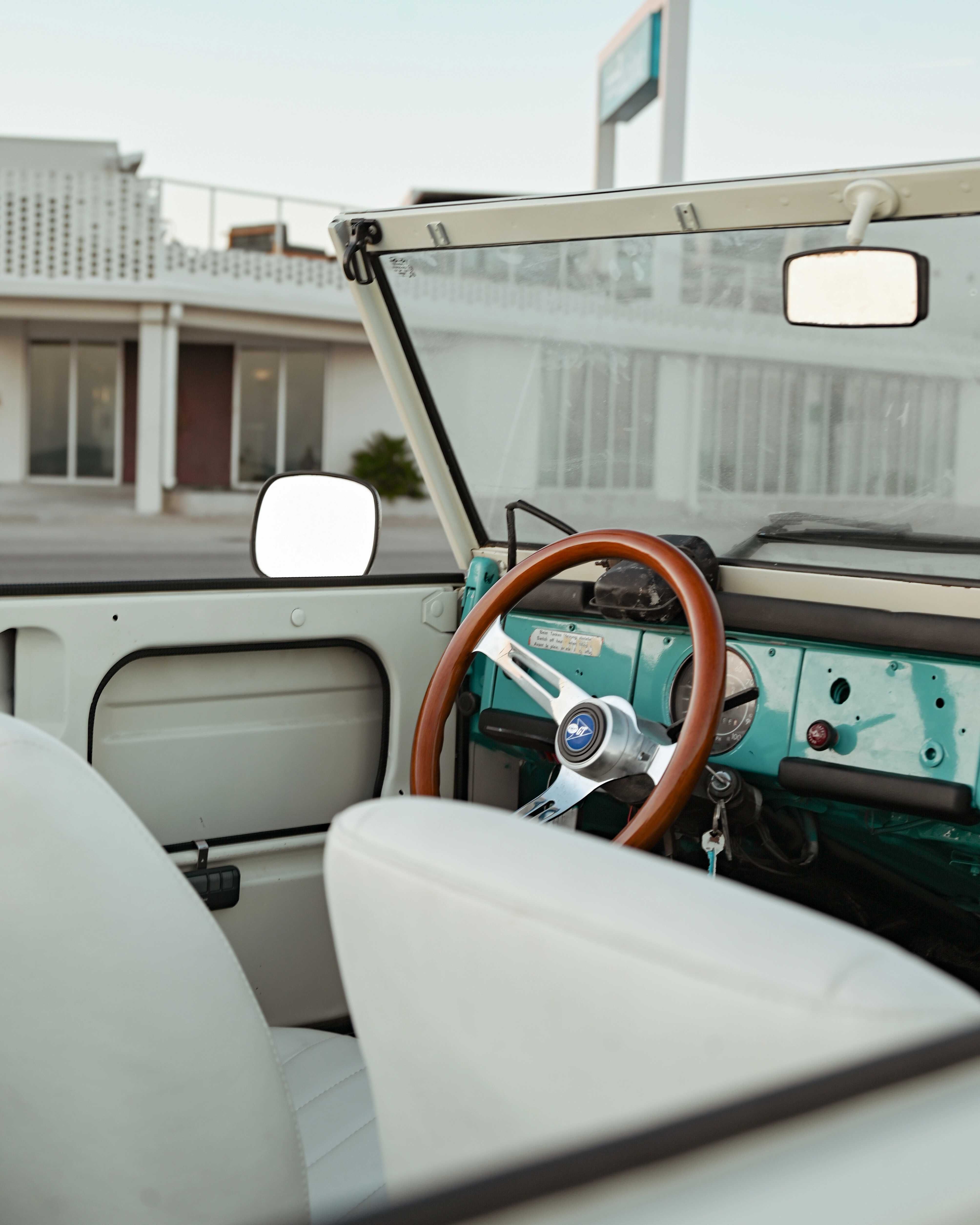 Classic car parked by palm trees
